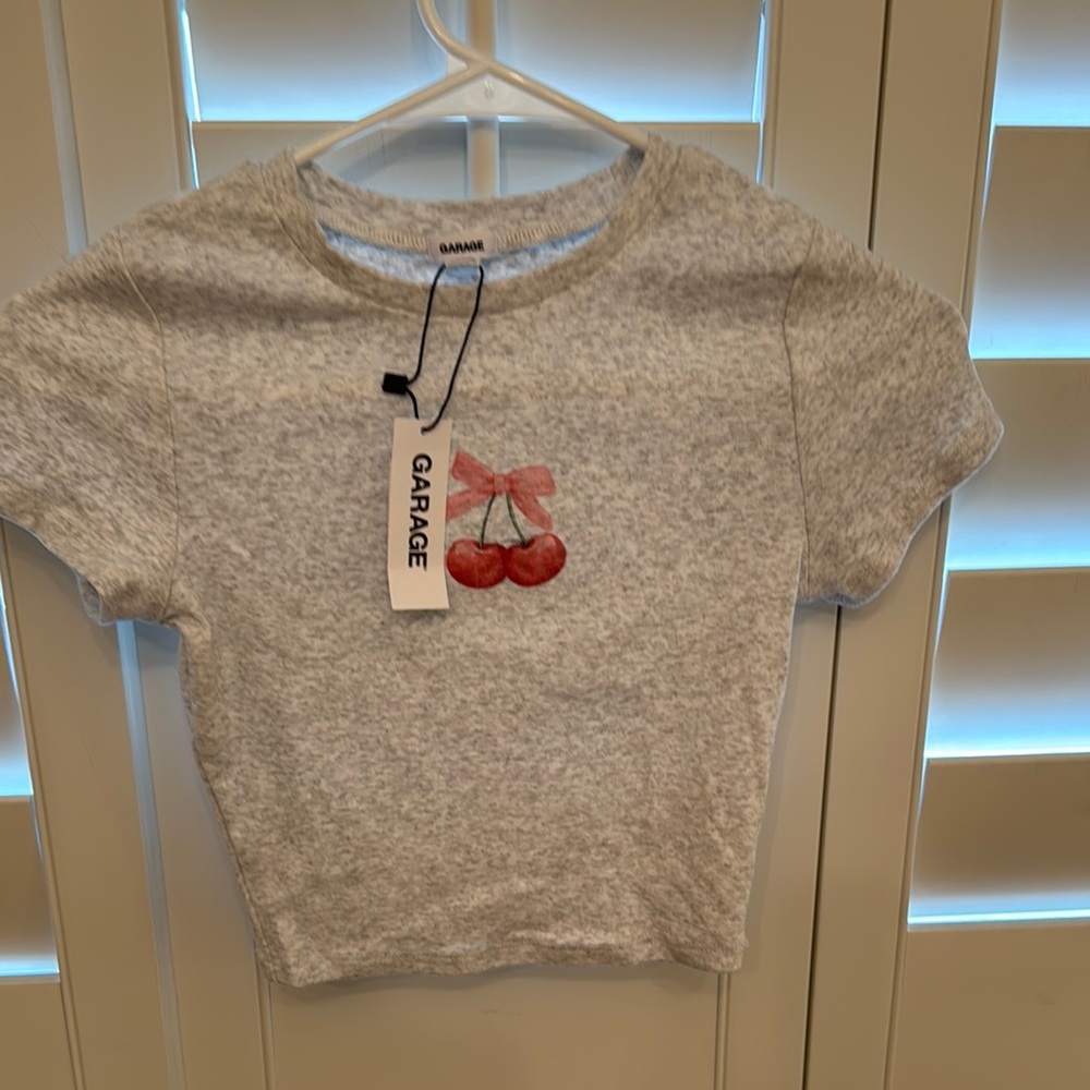 Garage Heather Gray Tee with Coquette Red and Pink Cherry Embroidery